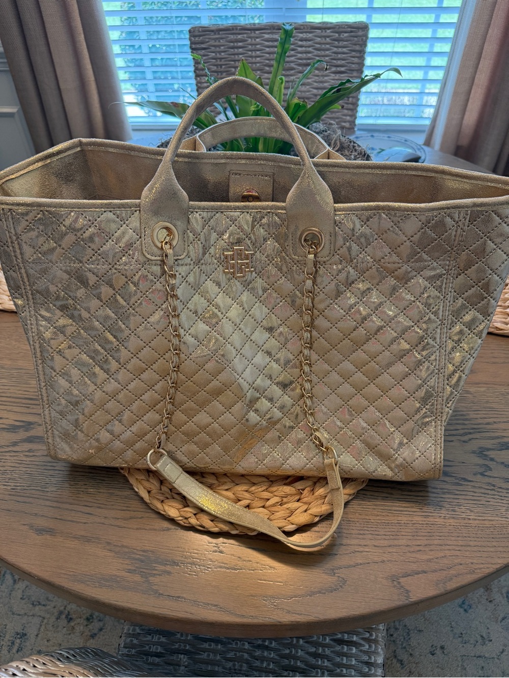 Quilted Metallic Melissa Tote in Gold with Chain-Strap Detail